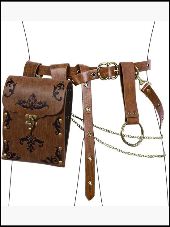 Medieval Belt with Renaissance Bag & Detachable Chains, Faux Leather Waist Pouch